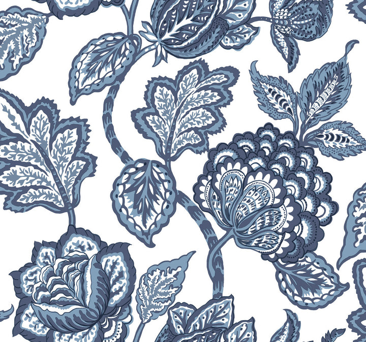 White & Blue Midsummer Jacobean Wallpaper by York Wallcoverings Conservatory Covers about 60.8 square feet 27-in by 27-ft long roll Prepasted 25.25 - Fabric Carolina -