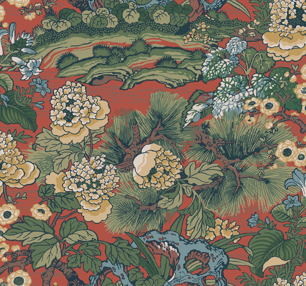 Red Dynasty Floral Branch Wallpaper by York Wallcoverings Conservatory Covers about 60.8 square feet 27-in by 27-ft long roll Prepasted 25.25 - Fabric Carolina -