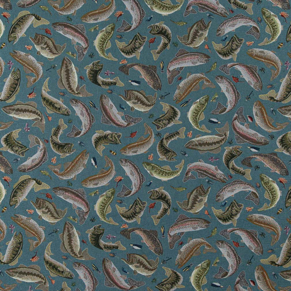 D2679 Fishing Aqua by Charlotte Designer Fabric Novelty Tapestry 62% Cotton, 38% Polyester USA Exceeds 100,000 Wyzenbeek Rubs </p><p>Repeat: Horizontal 48" x Vertical 29" 54 Inches - Swanky Fabrics -