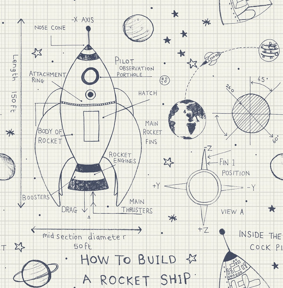 Rocket Ship White and Midnight Blue by Seabrook Wallpaper Day Dreamers United States 56.12 20.87" 20.5" - Fabric Carolina -