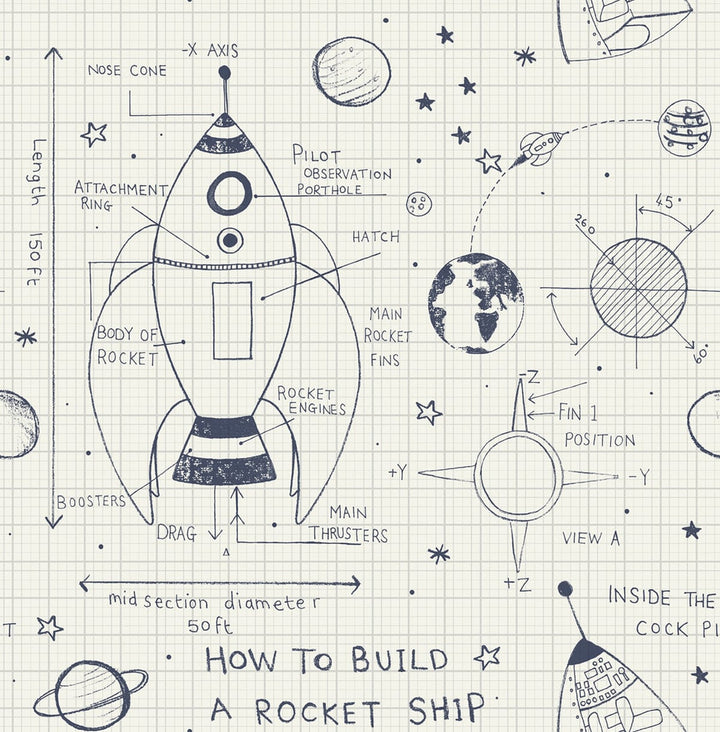 Rocket Ship White and Midnight Blue by Seabrook Wallpaper Day Dreamers United States 56.12 20.87" 20.5" - Fabric Carolina -