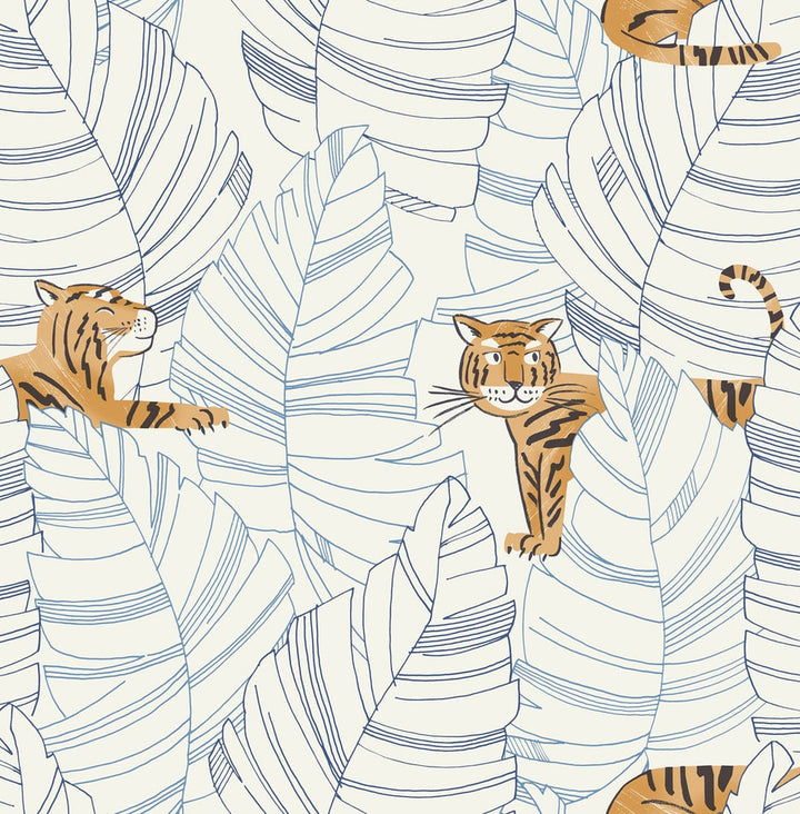 Hiding Tigers Sky Blue and Orange by Seabrook Wallpaper Day Dreamers United States 56.12 20.87" 20.5" - Fabric Carolina -
