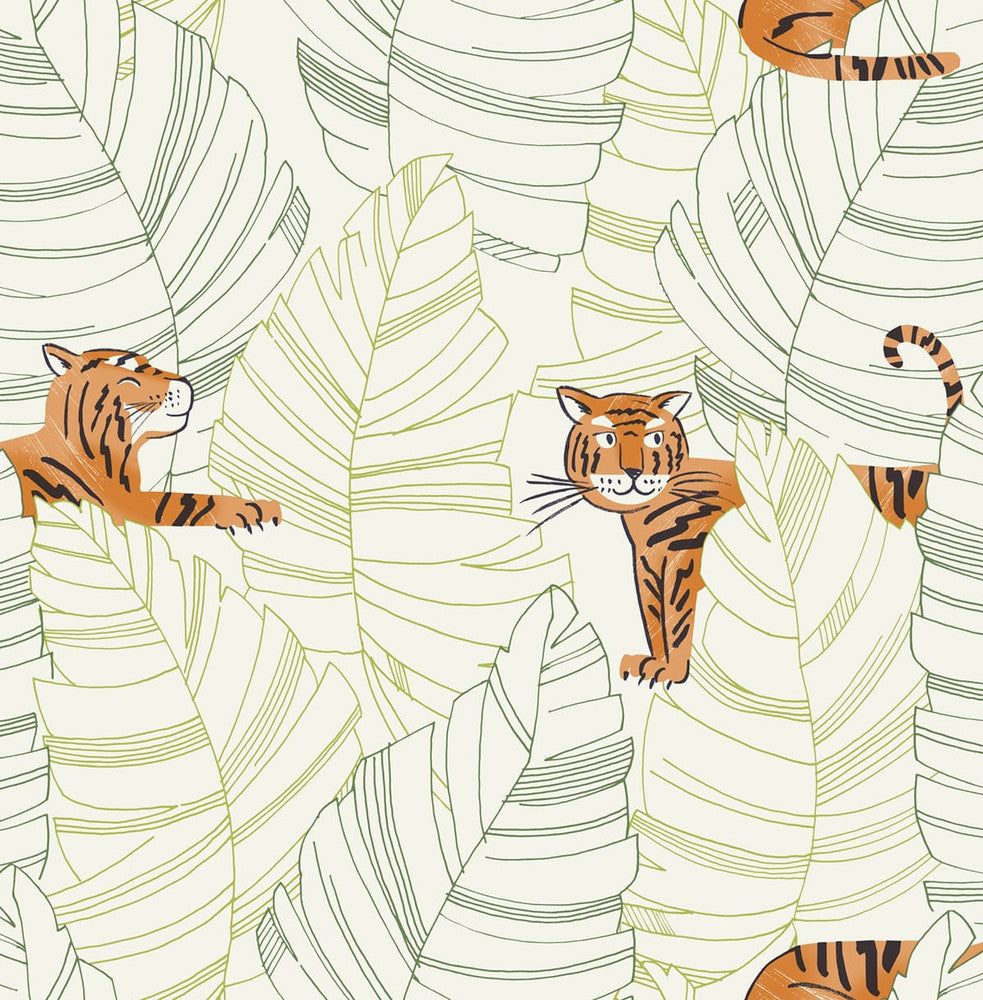 Hiding Tigers Green and Orange by Seabrook Wallpaper Day Dreamers United States 56.12 20.87" 20.5" - Fabric Carolina -