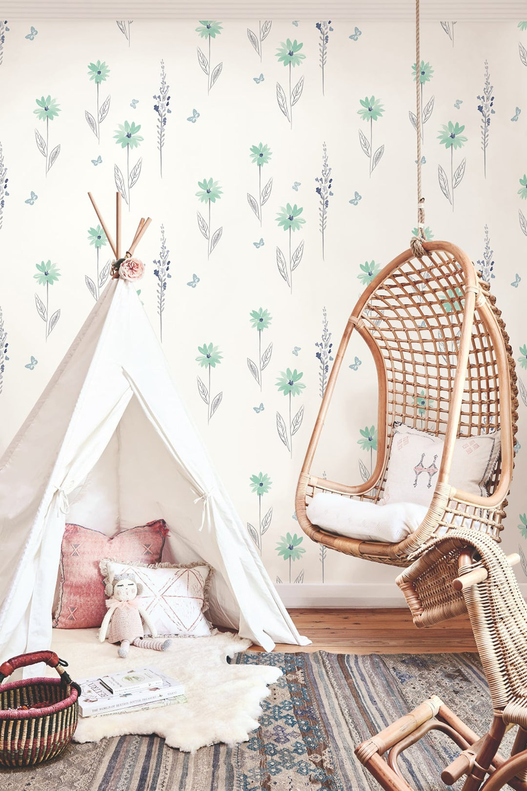 Daisy Field Teal and Gray DA62604 by Seabrook Designs Designer Wallpaper