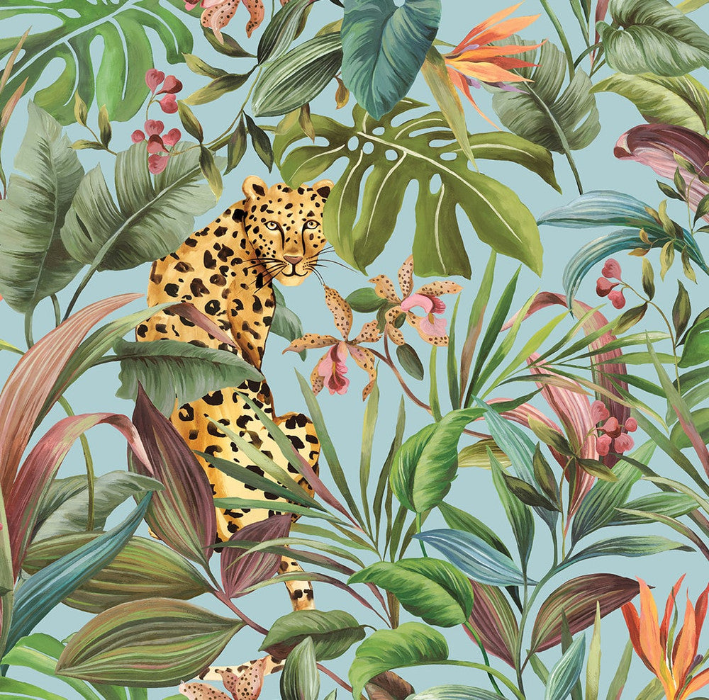 Tropical Leopard Gloss Sky Blue by Seabrook Wallpaper Daisy Bennett Peel and Stick United States 40.5 27" 27" - Fabric Carolina -