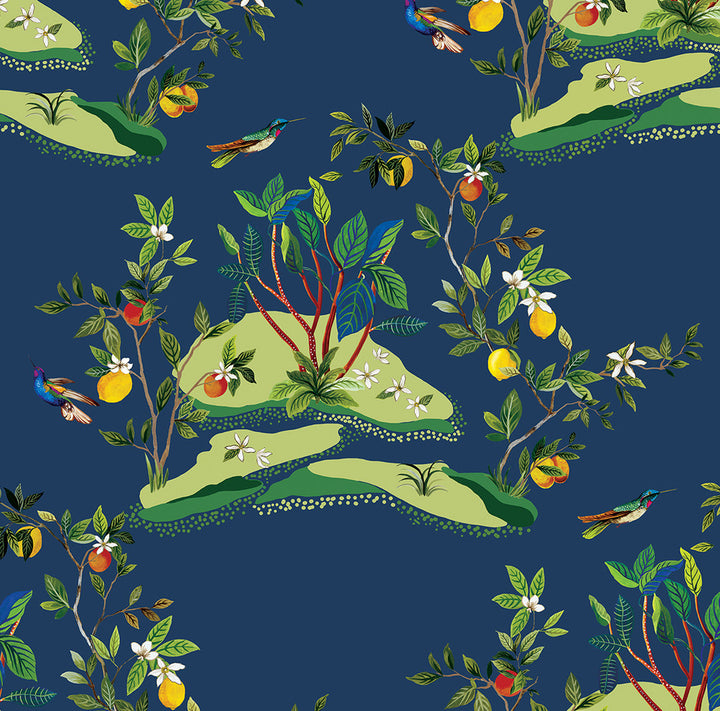 Citrus Hummingbird Navy Blue by Seabrook Wallpaper West Boulevard Collection United States 60.75 27" 27" - Fabric Carolina -