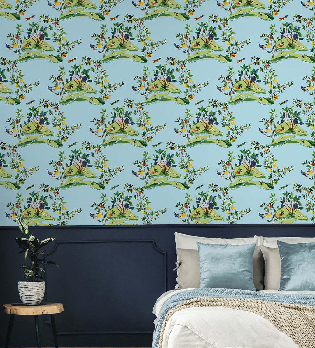 Citrus Hummingbird Sky Blue DBW9003 by Daisy Bennett Designs Designer Wallpaper
