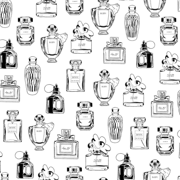 Chita White Perfume Bottles Wallpaper by ESTA Home Design Department Covers about 56.4 square feet 20.5-in by 33-ft long roll Unpasted 20.9 - Fabric Carolina -