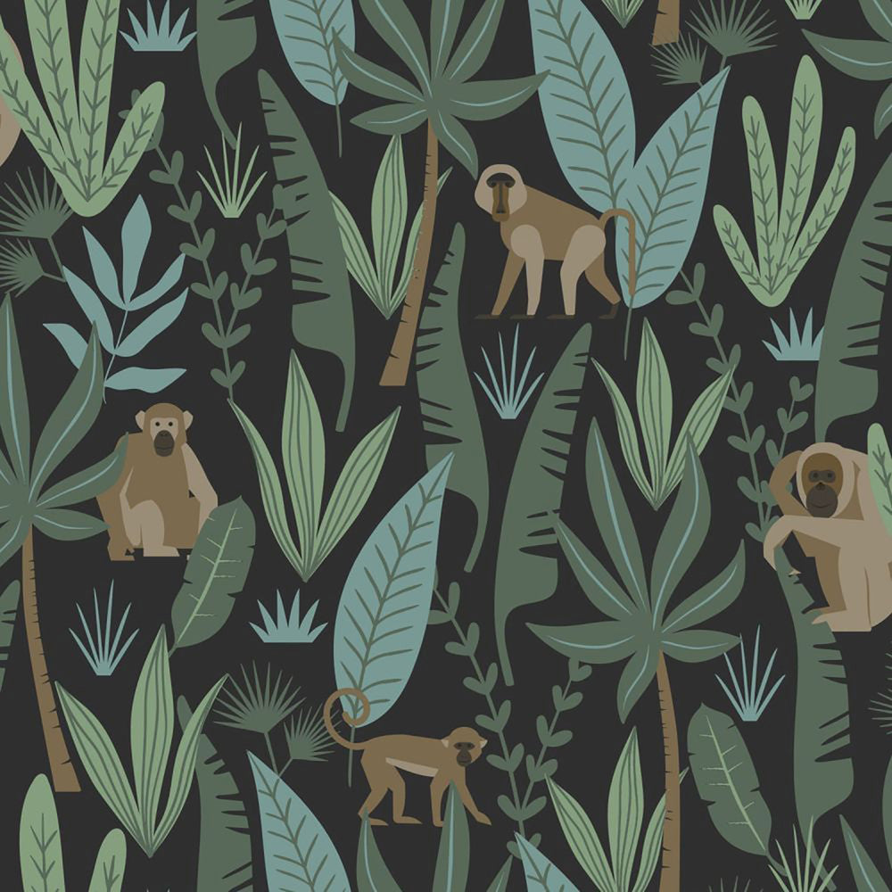 Macaque Dark Green Monkeys Wallpaper by ESTA Home Design Department Covers about 57.5 square feet 20.9-in by 33-ft long roll Unpasted 20.9 - Fabric Carolina -