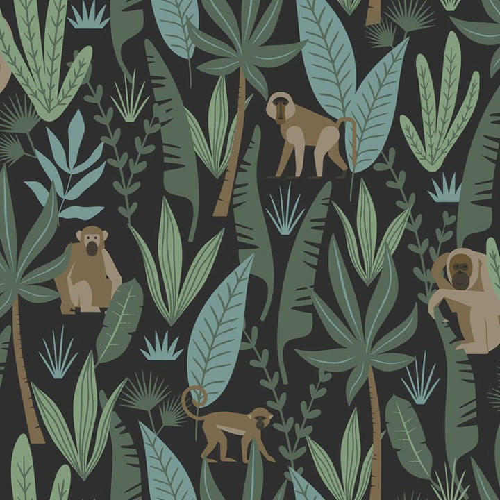 Macaque Dark Green Monkeys Wallpaper by ESTA Home Design Department Covers about 57.5 square feet 20.9-in by 33-ft long roll Unpasted 20.9 - Fabric Carolina -