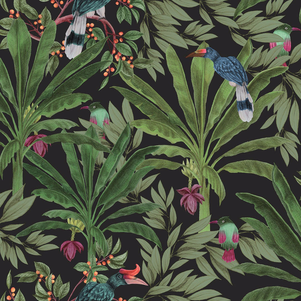 Carola Black Jungle Tropics Wallpaper by ESTA Home Design Department Covers about 57.5 square feet 20.9-in by 33-ft long roll Unpasted 20.9 - Fabric Carolina -