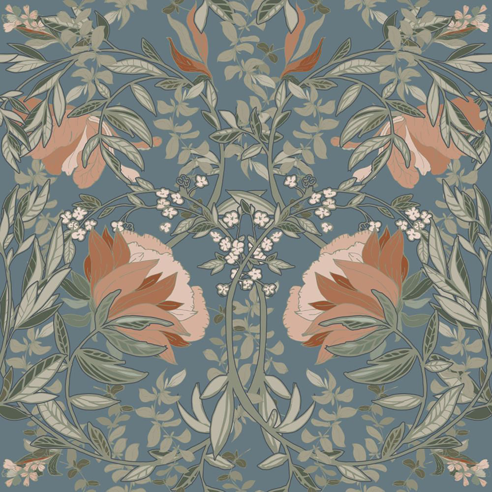 Ester Blue Nouveau Blooms Wallpaper by ESTA Home Design Department Covers about 57.5 square feet 20.9-in by 33-ft long roll Unpasted 20.9 - Fabric Carolina -