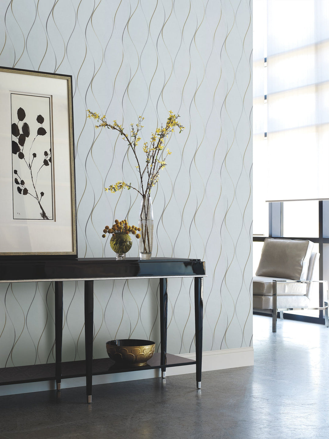 Wavy Stripe Light Blue Wallpaper by Antonina Vella Designer