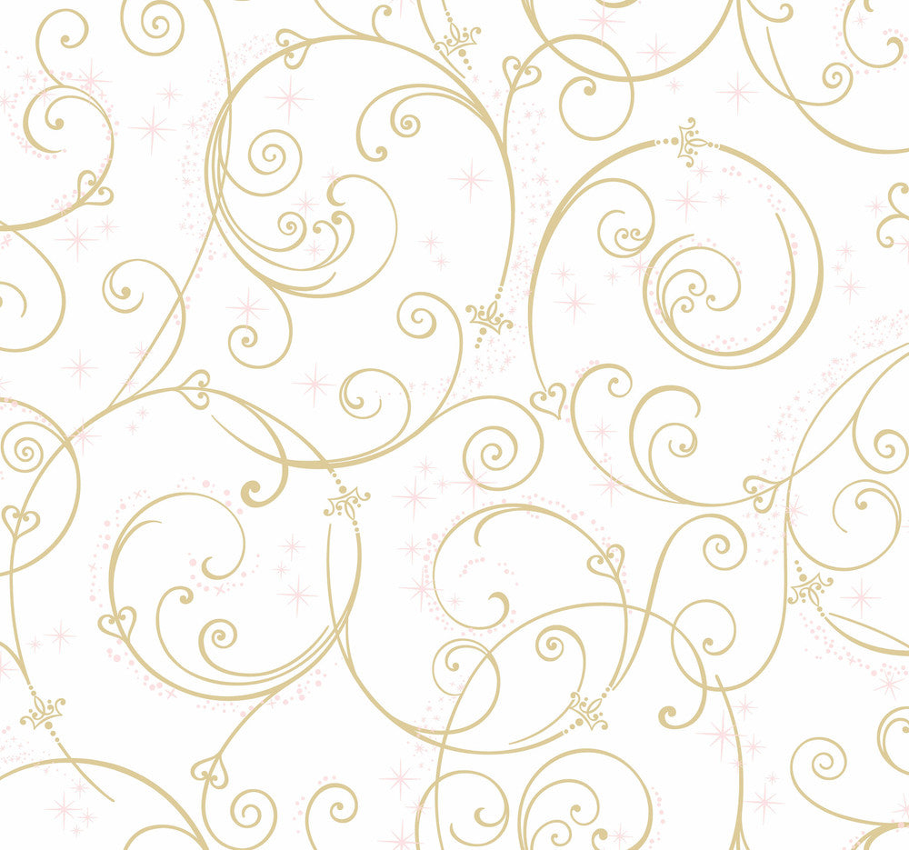 Disney Princess Perfect Scroll Gold Glitter Wallpaper by York Wallcoverings Disney Kids Vol. 4 Covers about 60.8 square feet 27-in by 27-ft long roll Unpasted 25.25 - Fabric Carolina -