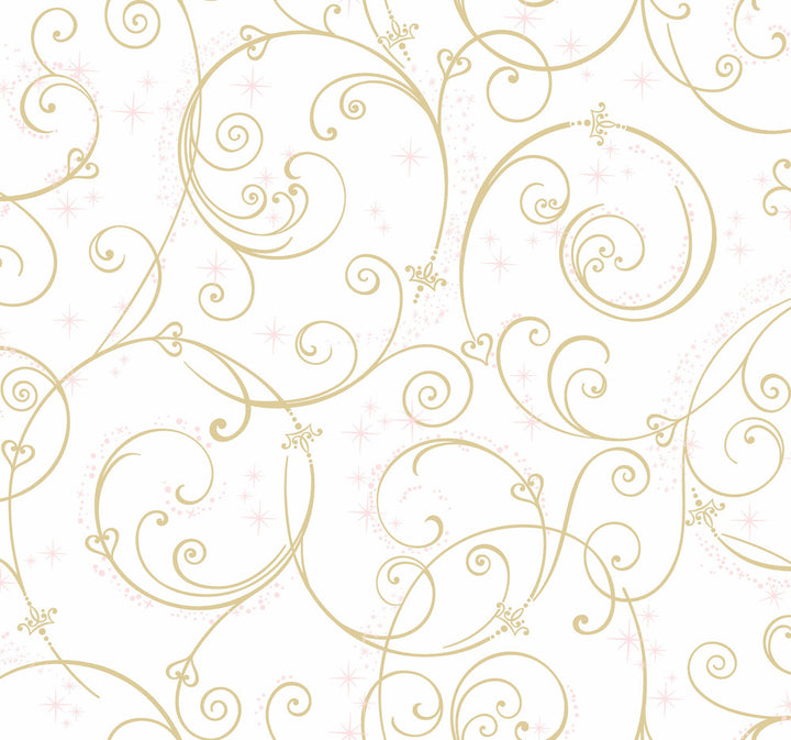 Disney Princess Perfect Scroll Gold Glitter Wallpaper by York Wallcoverings Disney Kids Vol. 4 Covers about 60.8 square feet 27-in by 27-ft long roll Unpasted 25.25 - Fabric Carolina -