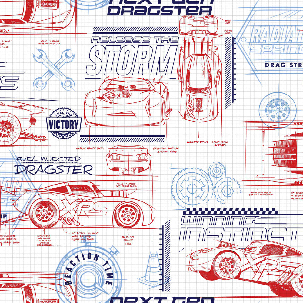 Disney & Pixar Cars Schematic Red Wallpaper by York Wallcoverings Disney Kids Vol. 4 Covers about 56.4 square feet 20.5-in by 33-ft long roll Unpasted 20.5 - Fabric Carolina -