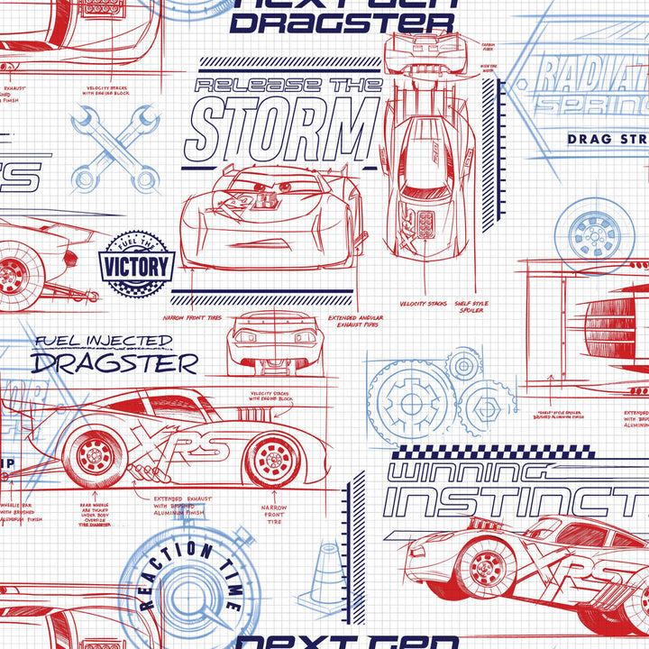 Disney & Pixar Cars Schematic Red Wallpaper by York Wallcoverings Disney Kids Vol. 4 Covers about 56.4 square feet 20.5-in by 33-ft long roll Unpasted 20.5 - Fabric Carolina -