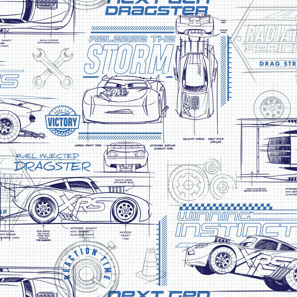 Disney & Pixar Cars Schematic Blue Wallpaper by York Wallcoverings Disney Kids Vol. 4 Covers about 56.4 square feet 20.5-in by 33-ft long roll Unpasted 20.5 - Fabric Carolina -