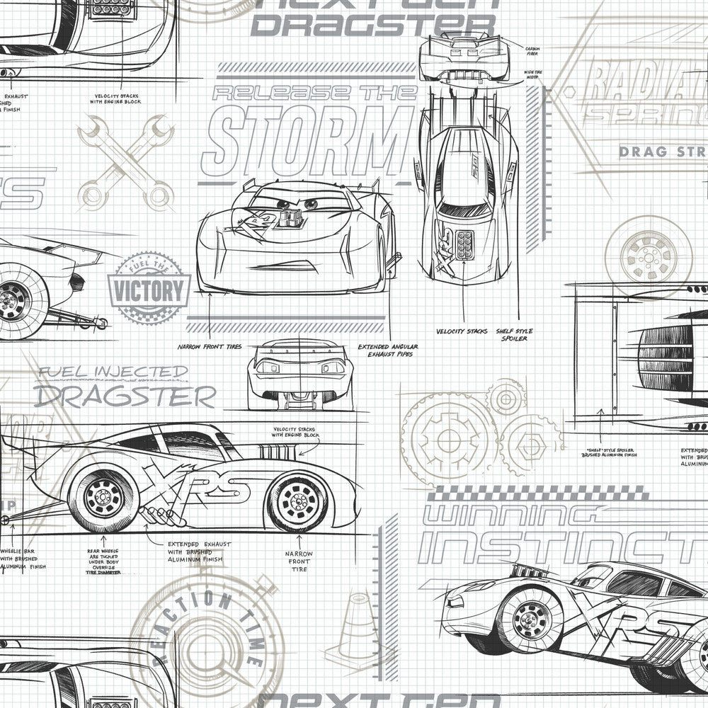 Disney & Pixar Cars Schematic Neutral Wallpaper by York Wallcoverings Disney Kids Vol. 4 Covers about 56.4 square feet 20.5-in by 33-ft long roll Unpasted 20.5 - Fabric Carolina -