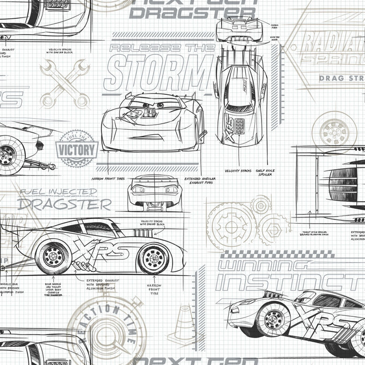 Disney & Pixar Cars Schematic Neutral Wallpaper by York Wallcoverings Disney Kids Vol. 4 Covers about 56.4 square feet 20.5-in by 33-ft long roll Unpasted 20.5 - Fabric Carolina -