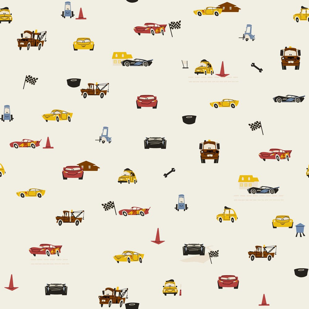 Disney & Pixar Cars Racing Spot Cream Wallpaper by York Wallcoverings Disney Kids Vol. 4 Covers about 56.4 square feet 20.5-in by 33-ft long roll Unpasted 20.5 - Fabric Carolina -