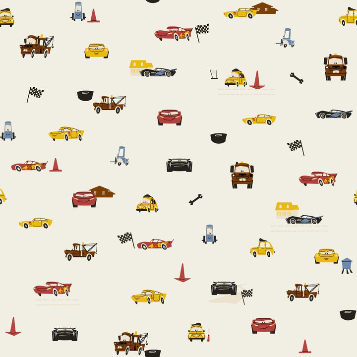 Disney & Pixar Cars Racing Spot Cream Wallpaper by York Wallcoverings Disney Kids Vol. 4 Covers about 56.4 square feet 20.5-in by 33-ft long roll Unpasted 20.5 - Fabric Carolina -