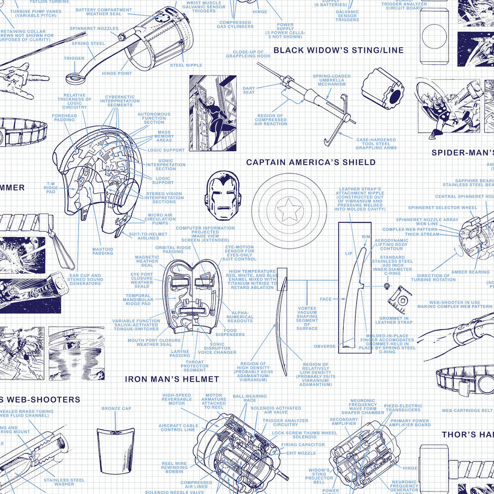 Marvels Heroes Schematics Blue Wallpaper by York Wallcoverings Disney Kids Vol. 4 Covers about 56.4 square feet 20.5-in by 33-ft long roll Unpasted 20.5 - Fabric Carolina -