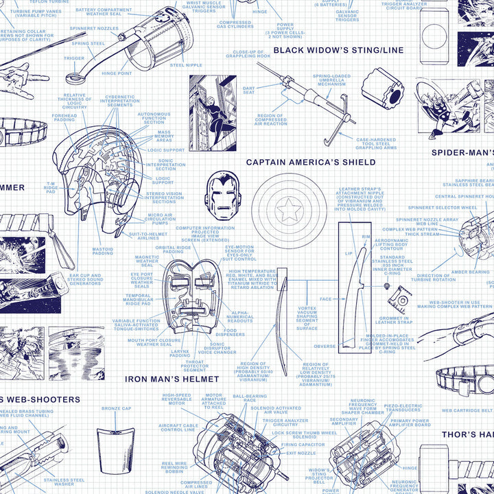 Marvels Heroes Schematics Blue Wallpaper by York Wallcoverings Disney Kids Vol. 4 Covers about 56.4 square feet 20.5-in by 33-ft long roll Unpasted 20.5 - Fabric Carolina -