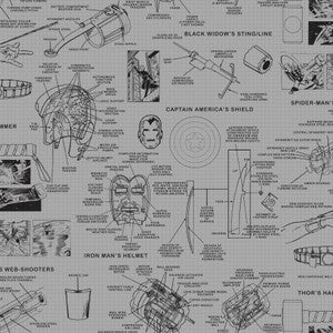 Marvels Heroes Schematics Grey & Black Wallpaper by York Wallcoverings