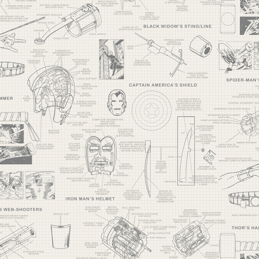 Marvels Heroes Schematics Cream Wallpaper by York Wallcoverings Disney Kids Vol. 4 Covers about 56.4 square feet 20.5-in by 33-ft long roll Unpasted 20.5 - Fabric Carolina -