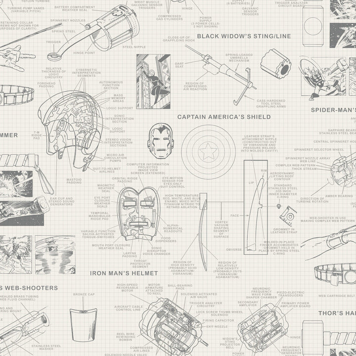 Marvels Heroes Schematics Cream Wallpaper by York Wallcoverings Disney Kids Vol. 4 Covers about 56.4 square feet 20.5-in by 33-ft long roll Unpasted 20.5 - Fabric Carolina -