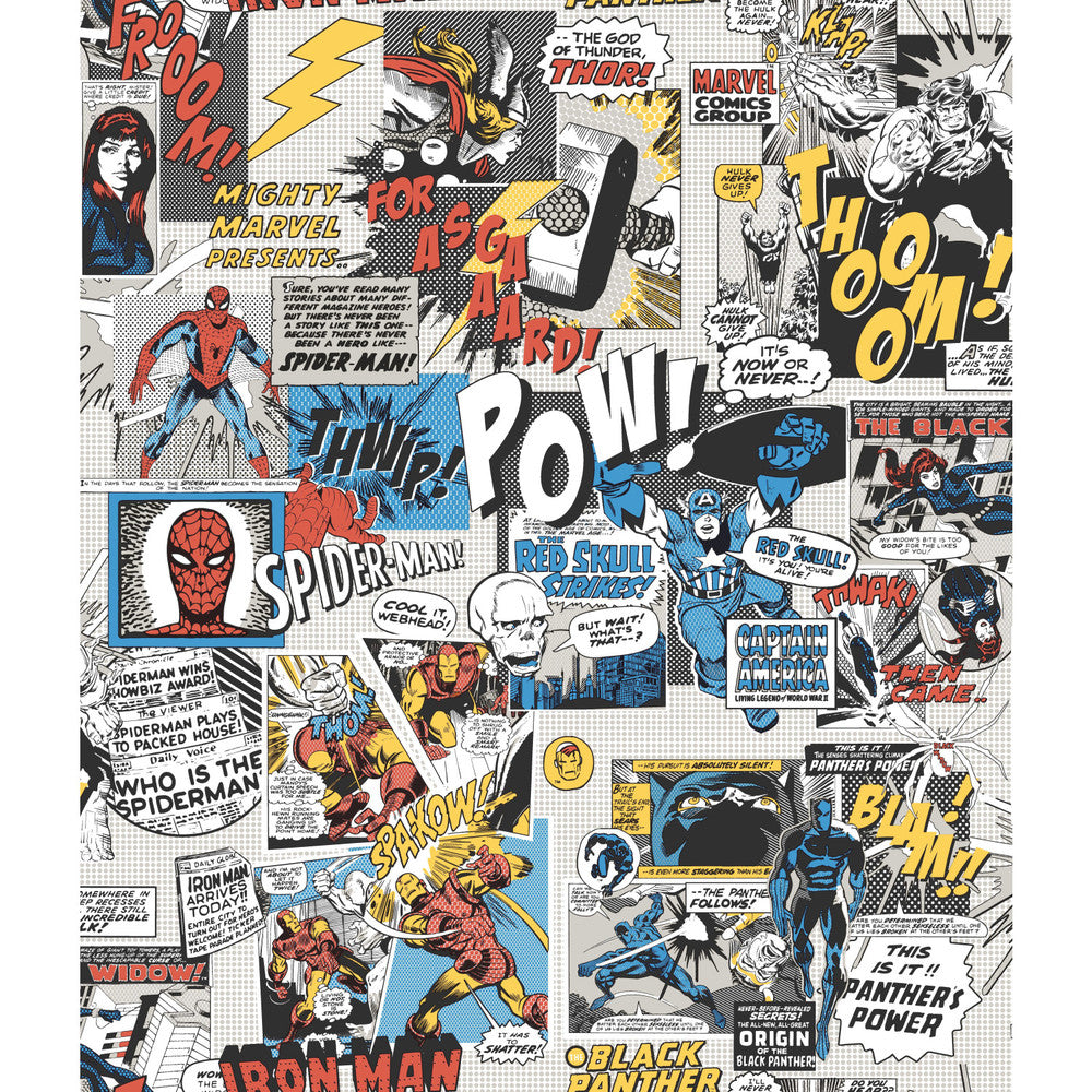 Marvel Comics Pow! Black & Blue Wallpaper by York Wallcoverings Disney Kids Vol. 4 Covers about 56.4 square feet 20.5-in by 33-ft long roll Unpasted 24 - Fabric Carolina -