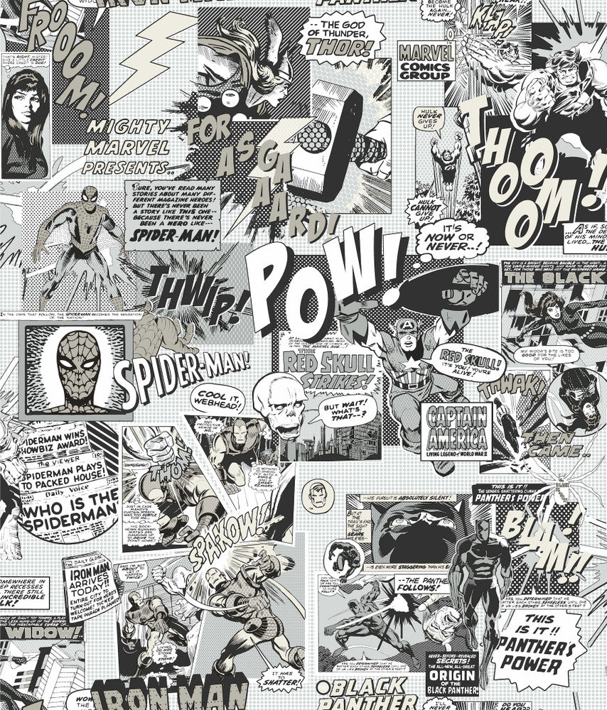 Marvel Comics Pow! Black & White Wallpaper by York Wallcoverings Disney Kids Vol. 4 Covers about 56.4 square feet 20.5-in by 33-ft long roll Unpasted 24 - Fabric Carolina -