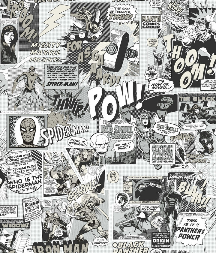 Marvel Comics Pow! Black & White Wallpaper by York Wallcoverings Disney Kids Vol. 4 Covers about 56.4 square feet 20.5-in by 33-ft long roll Unpasted 24 - Fabric Carolina -