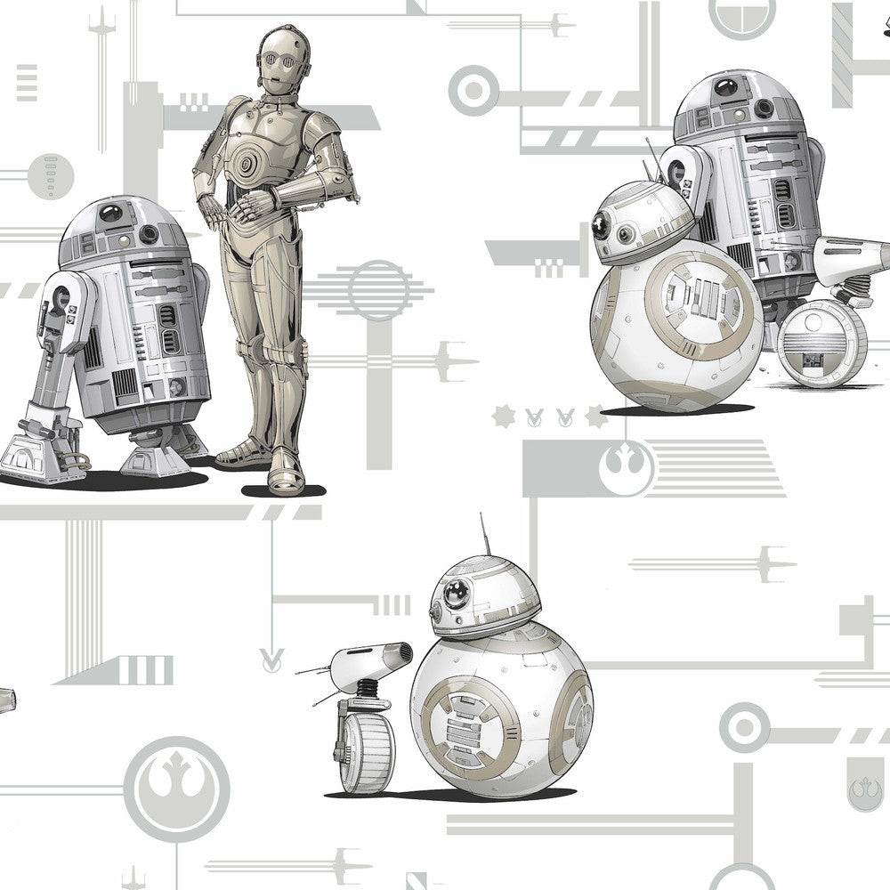 Star Wars: The Rise of Skywalker, Droids! Black & White Wallpaper by York Wallcoverings Disney Kids Vol. 4 Covers about 56.4 square feet 20.5-in by 33-ft long roll Unpasted 20.5 - Fabric Carolina -