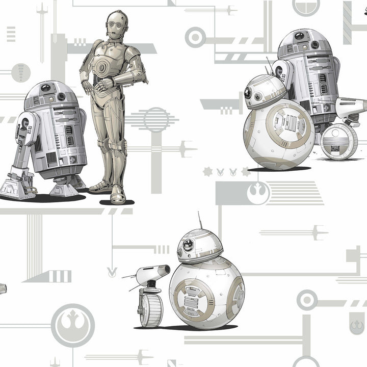 Star Wars: The Rise of Skywalker, Droids! Black & White Wallpaper by York Wallcoverings Disney Kids Vol. 4 Covers about 56.4 square feet 20.5-in by 33-ft long roll Unpasted 20.5 - Fabric Carolina -