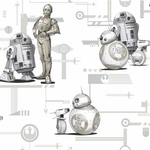 Star Wars: The Rise of Skywalker, Droids! Black & White Wallpaper by York Wallcoverings