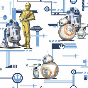 Star Wars: The Rise of Skywalker, Droids! Blue & Gold Wallpaper by York Wallcoverings