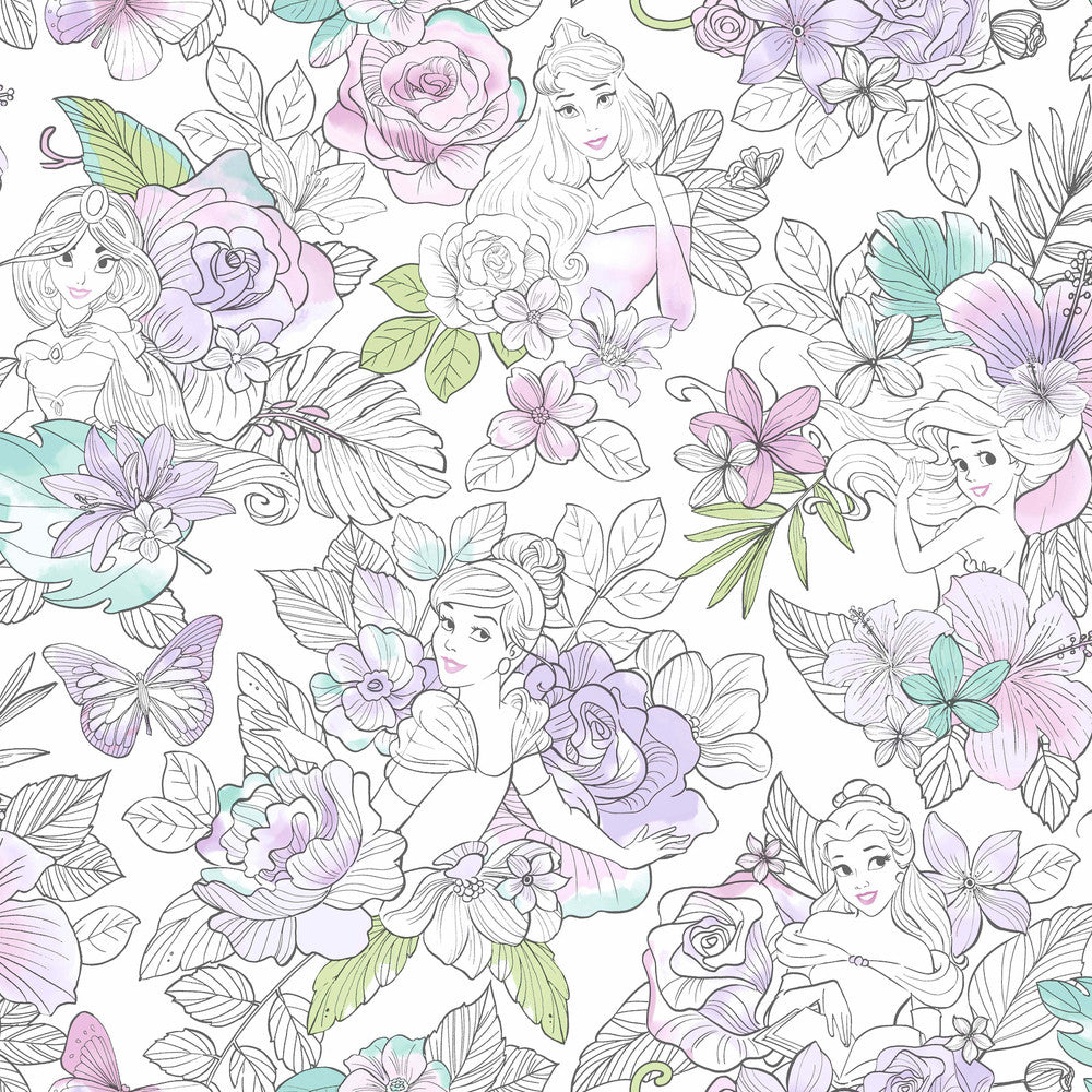 Disney Princess Royal Floral Purple Wallpaper by York Wallcoverings Disney Kids Vol. 4 Covers about 56.4 square feet 20.5-in by 33-ft long roll Unpasted 20.5 - Fabric Carolina -