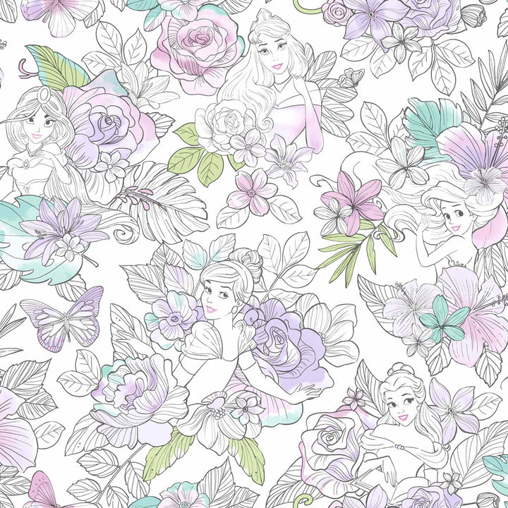 Disney Princess Royal Floral Purple Wallpaper by York Wallcoverings Disney Kids Vol. 4 Covers about 56.4 square feet 20.5-in by 33-ft long roll Unpasted 20.5 - Fabric Carolina -