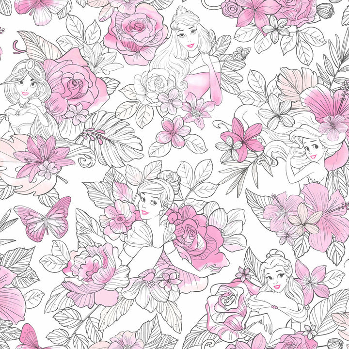 Disney Princess Royal Floral Magenta Wallpaper by York Wallcoverings Disney Kids Vol. 4 Covers about 56.4 square feet 20.5-in by 33-ft long roll Unpasted 20.5 - Fabric Carolina -