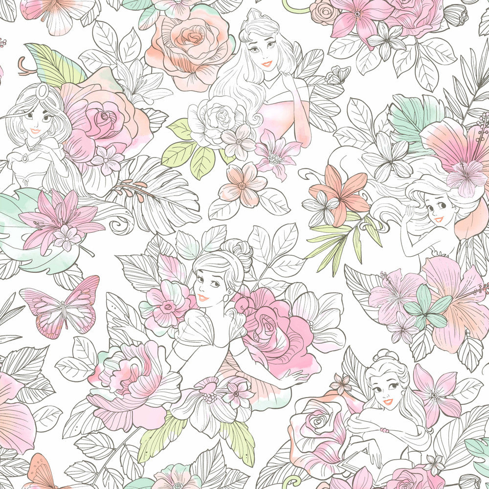 Disney Princess Royal Floral Coral Wallpaper by York Wallcoverings Disney Kids Vol. 4 Covers about 56.4 square feet 20.5-in by 33-ft long roll Unpasted 20.5 - Fabric Carolina -
