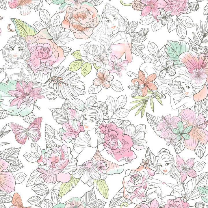 Disney Princess Royal Floral Coral Wallpaper by York Wallcoverings Disney Kids Vol. 4 Covers about 56.4 square feet 20.5-in by 33-ft long roll Unpasted 20.5 - Fabric Carolina -
