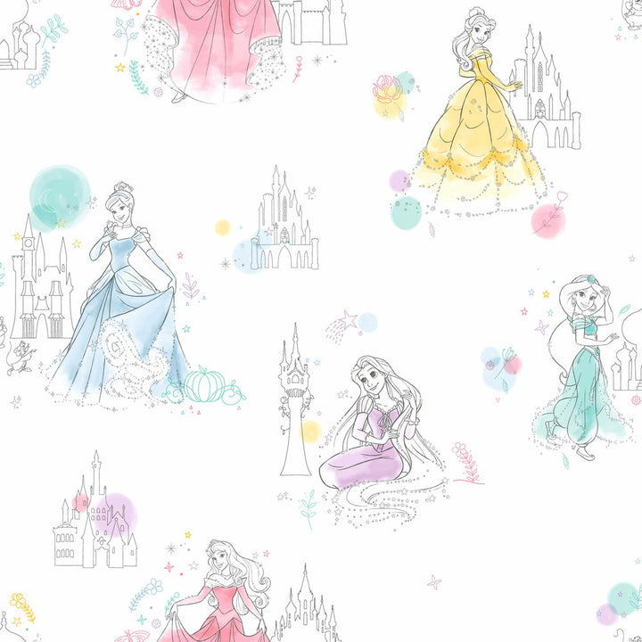 Disney Princess Pretty Elegant White Wallpaper by York Wallcoverings Disney Kids Vol. 4 Covers about 56.4 square feet 20.5-in by 33-ft long roll Unpasted 20.5 - Fabric Carolina -