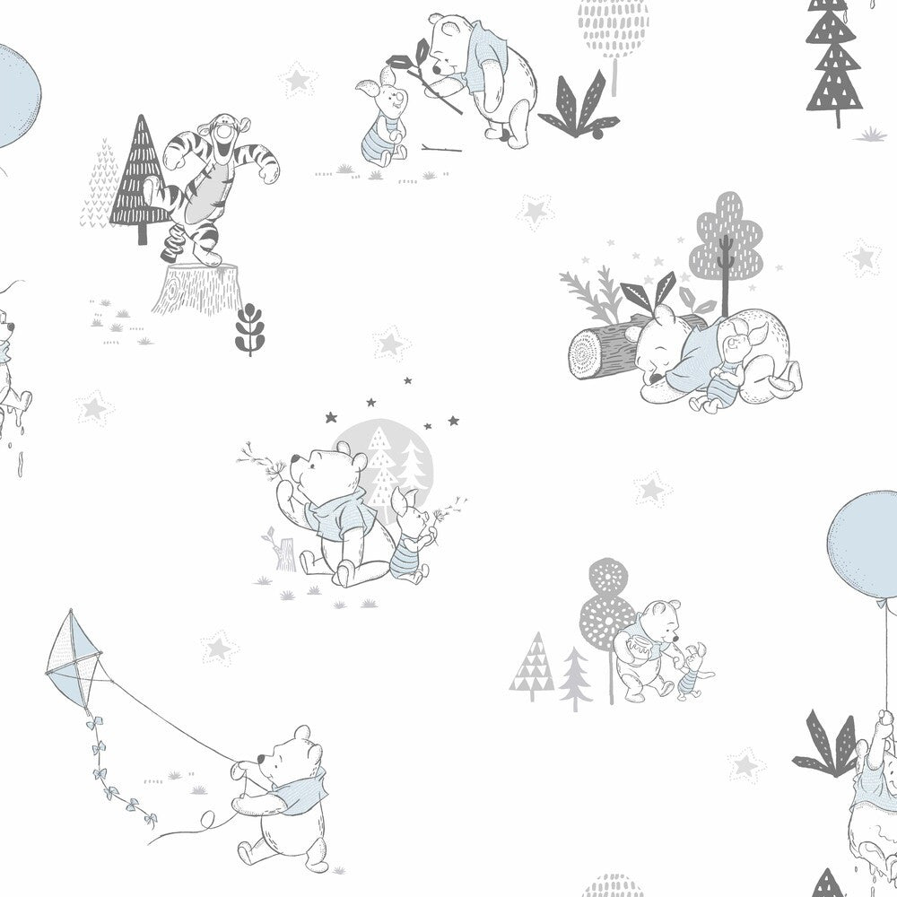 Disney Winnie the Pooh Playmates White & Blue Wallpaper by York Wallcoverings Disney Kids Vol. 4 Covers about 56.4 square feet 20.5-in by 33-ft long roll Unpasted 20.5 - Fabric Carolina -