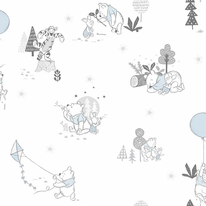Disney Winnie the Pooh Playmates White & Blue Wallpaper by York Wallcoverings Disney Kids Vol. 4 Covers about 56.4 square feet 20.5-in by 33-ft long roll Unpasted 20.5 - Fabric Carolina -