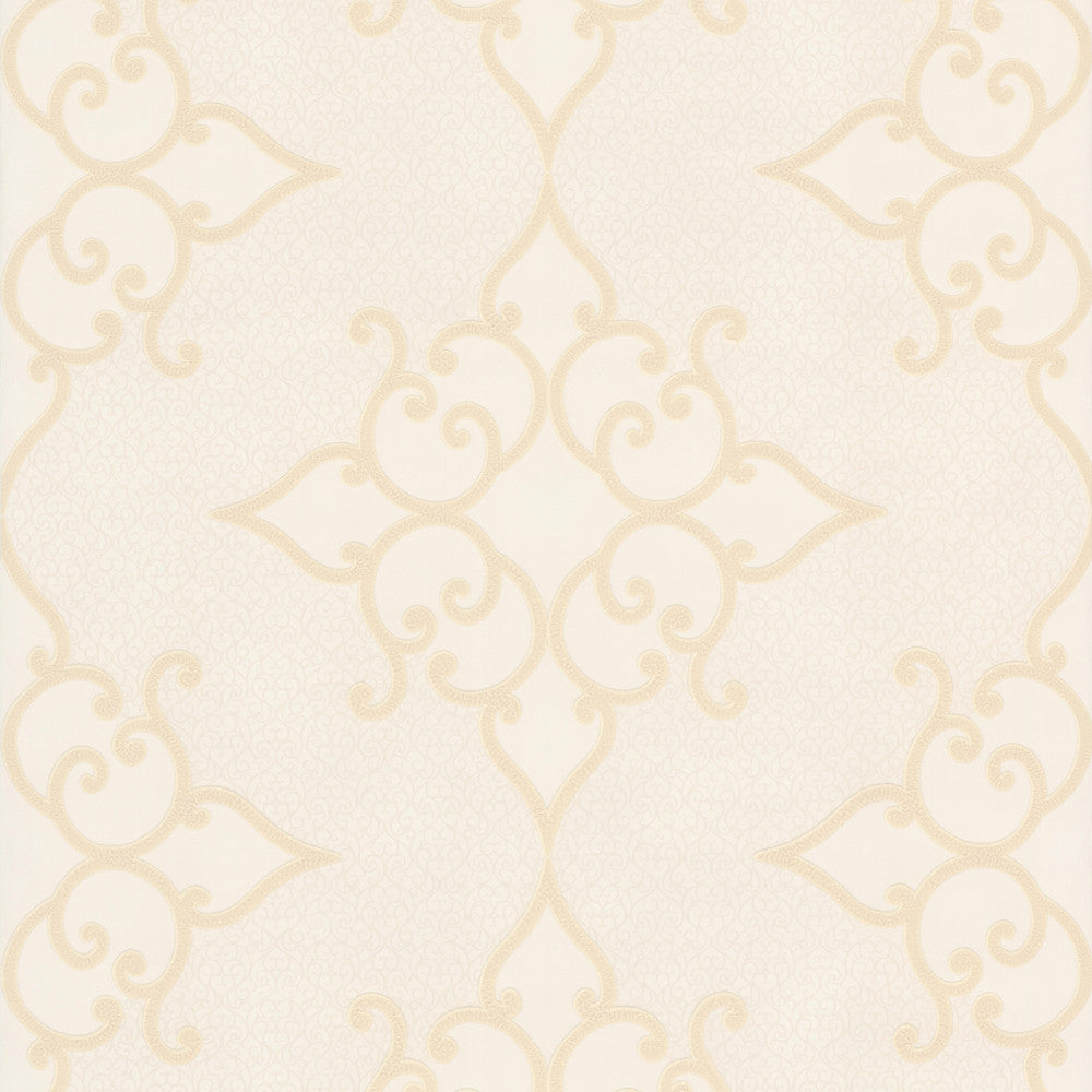 Sebastian Cream Crepe Moroccan Medallion Wallpaper by Decorline Decadence Covers about 56.4 square feet 20.5-in by 33-ft long roll Unpasted 12.5 - Fabric Carolina -