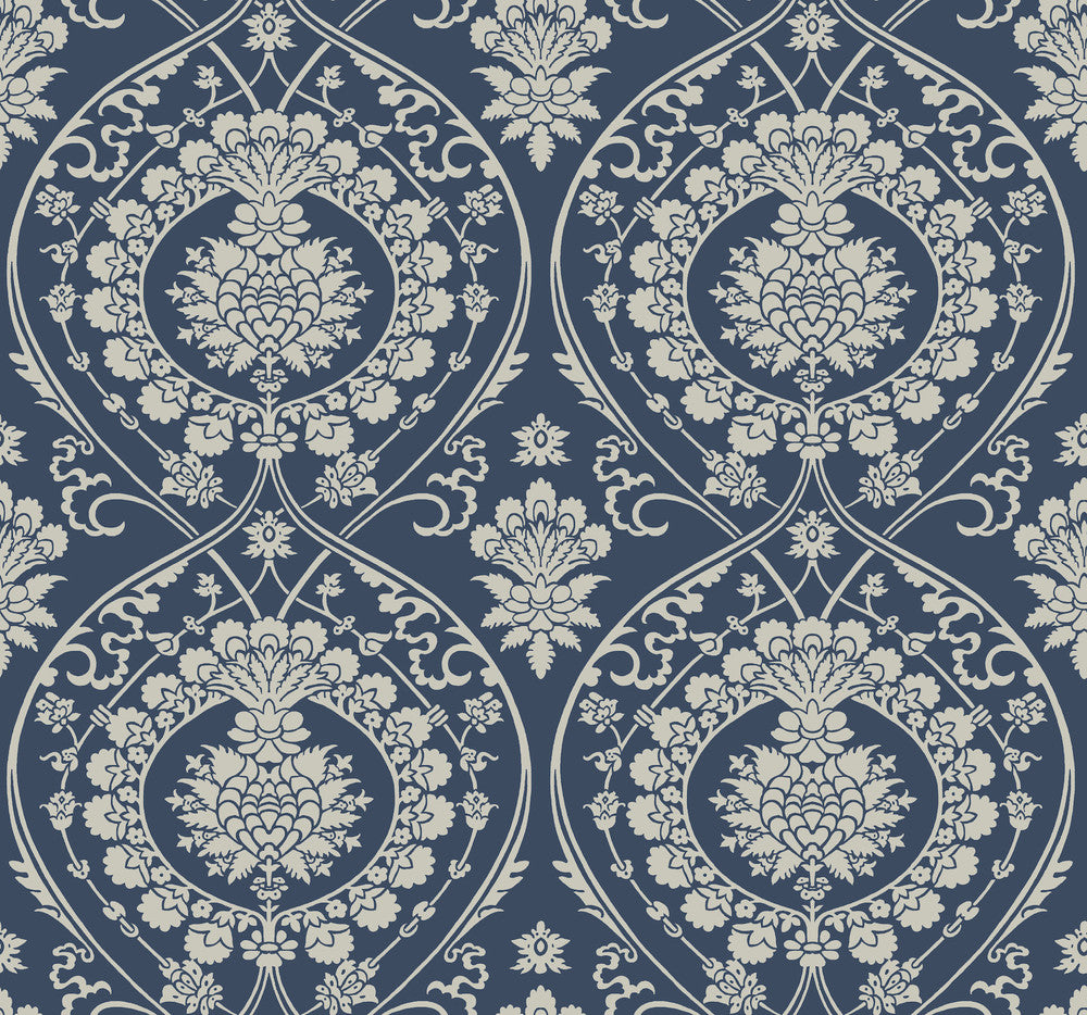 Imperial Damask Navy & Silver Wallpaper by York Wallcoverings Shimmering Finishes Covers about 60.8 square feet 27-in by 27-ft long roll Unpasted 12.6 - Fabric Carolina -