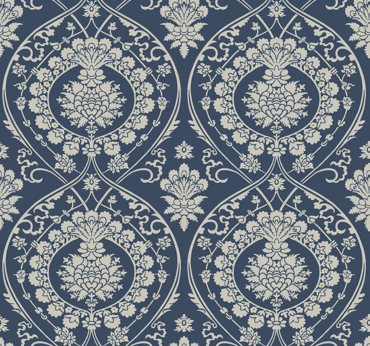 Imperial Damask Navy & Silver Wallpaper by York Wallcoverings Shimmering Finishes Covers about 60.8 square feet 27-in by 27-ft long roll Unpasted 12.6 - Fabric Carolina -