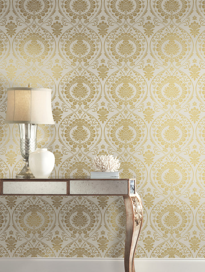 Imperial Damask Off White & Gold Wallpaper by York Wallcoverings Designer